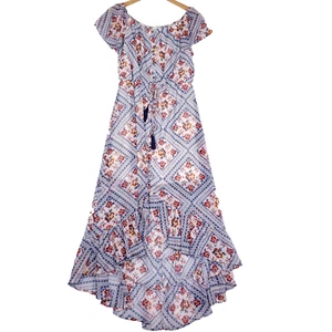 Maurices Maxi Dress Boho Tassel Front Slit Size M Blue Floral Festival - Picture 1 of 11