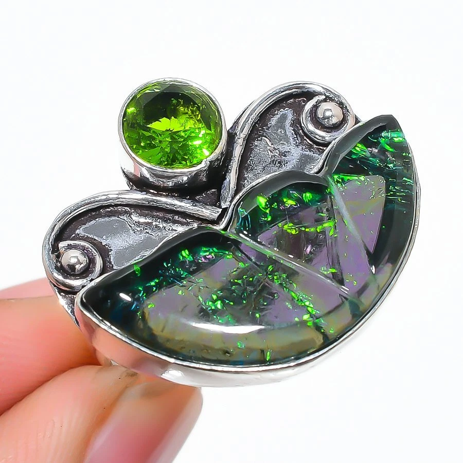 Anillo de joyería hecho a mano con alas- ópalo triplete verde, piedras preciosas de peridoto talla 8 PR-268 Foto 1 de 1