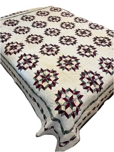 Trapuntino vintage arco quilts blocco stella 95x87 cucito a mano verde bordeaux - Foto 1 di 7
