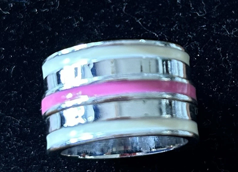 Lia Sophia Pink And White Striped Enamel Band On Silver Size 7-7.5 - Image 1 of 2