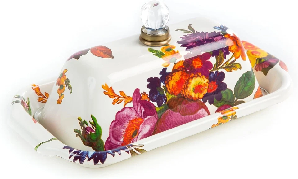 Эмалированная коробка для масла MACKENZIE-CHILDS, милое блюдо с маслом с крышкой, белый цветочный рынок - Изображение 1 из 4