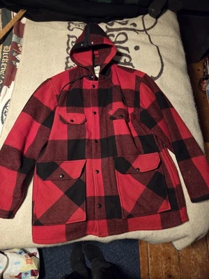Vtg Johnson Woolen Mills Red Plaid Men 44 Mackinaw Barn Chore Coat Wool Jacket - Image 1 of 4