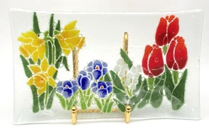 Ray Folio Fused Art Glass Audace Primaverile Floreale Servizio Vassoio/Piatto, 9,75", Firmato - Foto 1 di 9