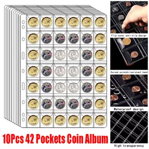 10x 42 Pockets Coin Holder Folder Pages Sheets For Collection Album Storage Book - Picture 1 of 6