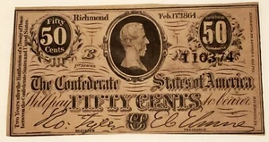 BILLETE DE 50 CENTAVOS DE LA GUERRA CIVIL CONFEDERADA DE 1864 - JEFFERSON DAVIS - ELECCIÓN AU - Imagen 1 de 2