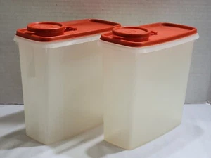 2 VINTAGE TUPPERWARE CEREAL KEEPERS CONTAINERS RED FLIP TOP LIDS EUC CAMPING - Picture 1 of 9
