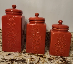 Vintage Damask Ceramic Canister Set of 3 Gradient Burnt Orange Color Only 1 Chip - Picture 1 of 19