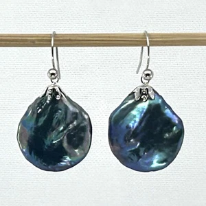 14k White Gold Fishhook Baroque Coin Pearl Dangle Earrings - Picture 1 of 6