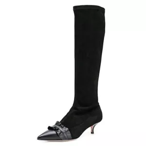 Black Women Elegant Knee High Long Boots Closed Toe Mid Kitten Heels Fashion - Picture 1 of 7