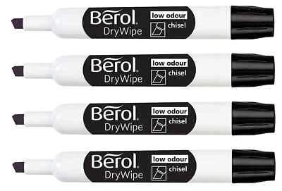 4x BEROL BLACK DRYWIPE MARKER PENS CHISEL TIP WHITEBOARD MARKERS PACK OF 4 *NEW*