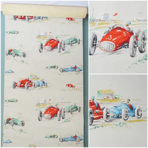 Vintage Rolltapete 50er Jahre Hand Block bedruckt Motorsport Autos Wohndeko #2 - Bild 1 von 24