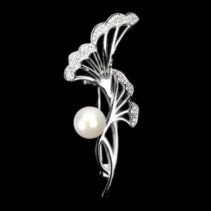 Natural Round Creamy White Pearl 10mm Simulated Cz 925 Sterling Silver Brooch - Picture 1 of 10