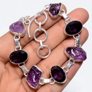 Natural Amethyst Rough Gemstone 925 Silver Handmade Bracelet 7-8" ARB-882 - Picture 1 of 3