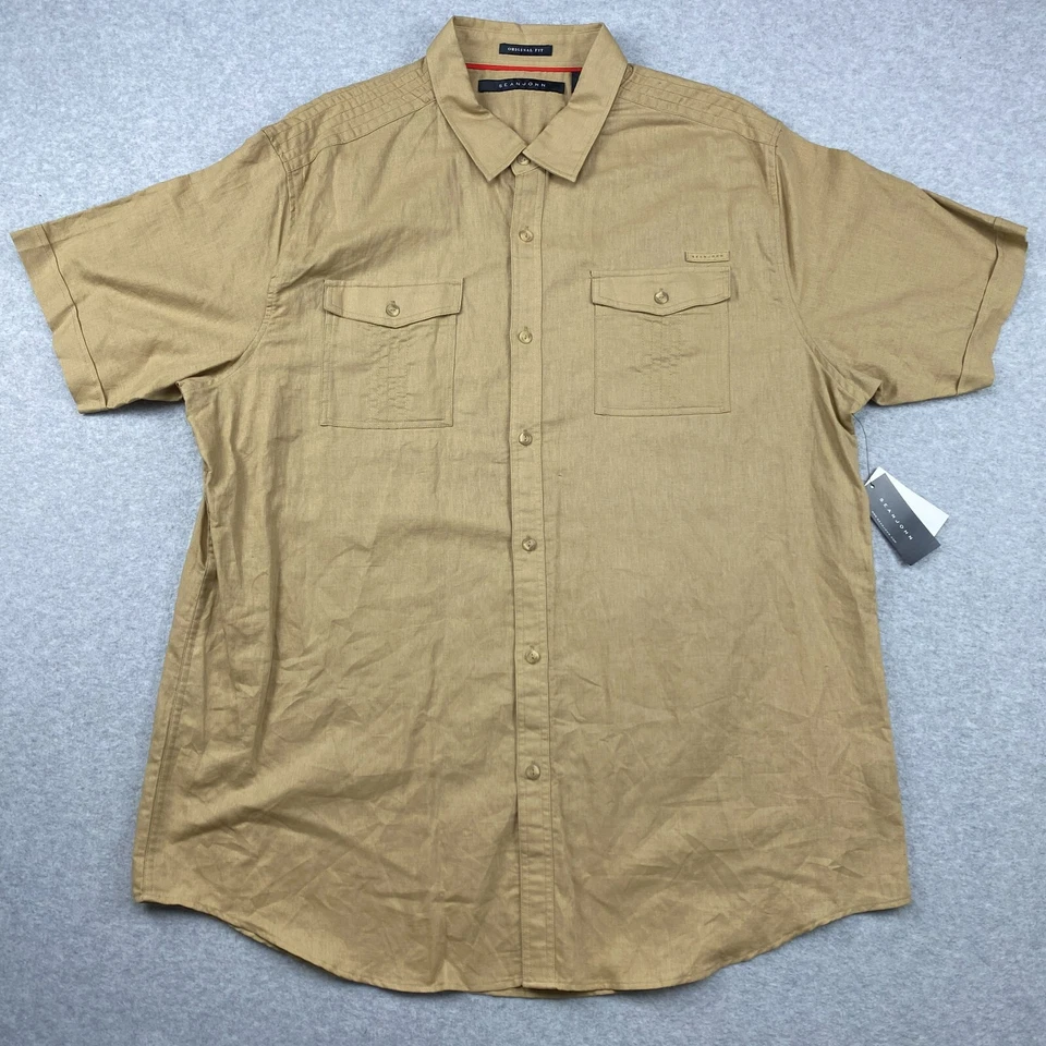 Camisa con botones Sean John para hombre 4XL beige ajuste original lino manga corta nueva con etiquetas Foto 1 de 4