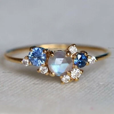 Nuevo anillo con racimo de oro amarillo de 14k con diamantes y zafiro de piedra lunar joyería fina Foto 1 de 3