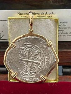 ATOCHA SOLID SILVER HEAVY COIN PENDANT IN 14K SOLID GOLD BEZEL - Picture 1 of 4