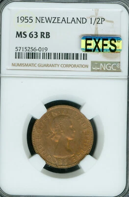 1955 NSS NEW ZEALAND HALF PENNY NGC MS63 RB MAC EXFS OR EXCETIONAL 1ST STRIKE . - Image 1 of 2