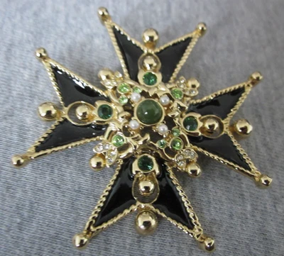 Prendedor/broche cruz maltesa esmalte negro St. John firmado vintage Foto 1 de 4