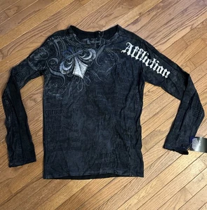 Selten Vintage neu Etikett Affliction Shirt Erwachsene XL schwarz grau Tshirt Langarm Flügel - Bild 1 von 11