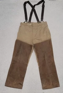 Vintage Browning Pants Mens 34x28 Brown Hunting Waxed Lower Legs Suspenders - Picture 1 of 21