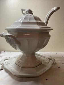 Antique Red Cliff Ironstone Soup Tureen Set With Under Plate Ladle White Marked - Picture 1 of 24