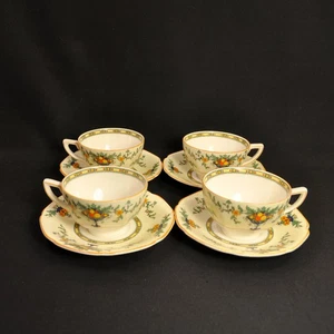 Crown Ducal Set 4 Cups & Saucers 1927-1930 Fruit & Blue Urns Floral Mustard Trim - Picture 1 of 12