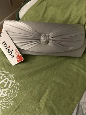 Misha, silver satin Pleaded Clutch Or Crossbody Long Chain Purse - Image 1 of 4