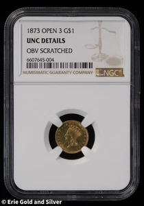 1873 Open 3 G$1 Indian Princess Head NGC UNC Details - Picture 1 of 4