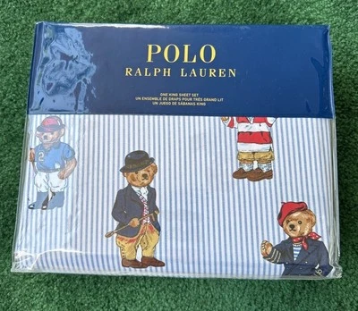 Polo RL Male Polo Bear King Sheet Set In Blue Oxford Stripe 4 Piece New Version - Image 1 of 4