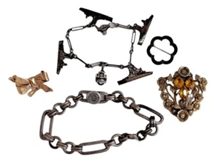 5 Pc Vtg Jewelry Lot Charm Bracelets Dress Clip Enamel Brooch Gold Pin Sterling - Picture 1 of 10