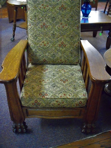 Antique Oak Morris Chair recliner 1900's refinished claw feet 6" wide arms Cover