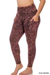 PLUS MINERAL WASH WIDE WAISTBAND FULL LENGTH LEGGINGS W/POCKETS 1X-3X 7 COLORS - Picture 1 of 10