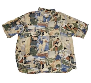 Zitrone Santa Monica Knopfshirt Unisex Gr. L 100 % Seide 1950er Jahre Druck Pin Up Mädchen - Bild 1 von 17