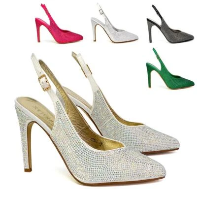 Womens Bridal Court Shoes Ladies Slingback Point Toe Satin Diamante Heel Size  — 第 1/4 张图片
