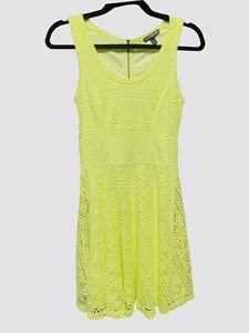 NWT Express Neon Yellow Scoop Neck Eyelet Fit & Flare Dress Womens Size XS - Picture 1 of 7