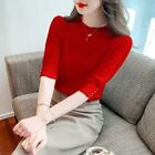 Korean Womens Crew Neck Knit Tops Solid Summer Casual Pullover Blouse T-shirt