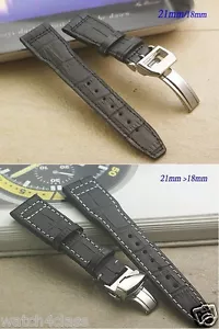 21mm 22mm Genuine Black Leather Band Strap bracelet (FITS) IWC Pilot & buckle - Picture 1 of 9