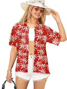 LA LEELA Hawaiian Shirts Womens Casual Summer Beach XL Allover Palm, Red - Picture 1 of 3