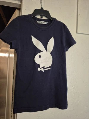 Camiseta Babydoll Y2k De Colección PLAYBOY Azul Marino Con Cabeza de Conejo Blanca M/L Foto 1 de 4