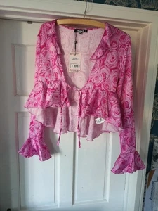 Missguided Women's Pink Chiffon Tie Front Floral Blouse Size 6 - Picture 1 of 11