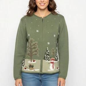 Croft & Barrow Size S Cardigan Sweater Embroidered Winter Scene Cardinal Trees - Picture 1 of 11