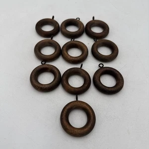 Solid Wood Curtain Rings Lot 10 Brown Drapery Rod Hooks 1" Hole 1.75" Outside - Picture 1 of 7