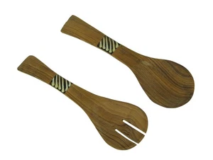 Zeckos Hand Carved Wood and Bone Flat Handle Salad Server Set - Picture 1 of 3