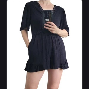 Lily Rose Women's Black Short Fluttery Sleeve Wrap V-Neck Romper Flared Leg Cut  - Picture 1 of 10