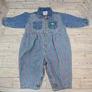 Vtg Oskosh Baby B'Gosh Repair Shop Jumpsuit Boy 6-9 Mos Denim Stripe Long Sleeve - Picture 1 of 9