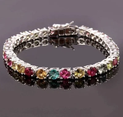 美丽多碧玺网球手链 925 纯银女式手链 — 第 1/4 张图片