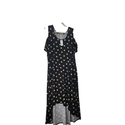 NY Collection Women's Petite Dress3XP Cold Shoulder HiLo Black Gold Dot Swing - Image 1 of 4