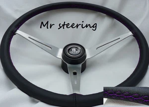 FITS FORD ESCORT MK1 BLACK 100%REAL LEATHER STEERING WHEEL COVER PURPLE STITCH - Picture 1 of 1