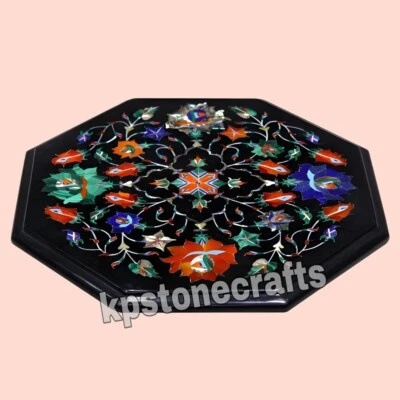 Elegant Octagonal Black Marble Side Table Inlaid with Semi-Precious Stones for L - Image 1 of 4