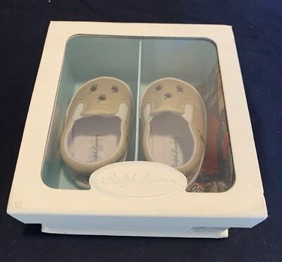 RALPH LAUREN Polo INFANT Beige Canvas Soft Bottom Baby Crib Shoes  Size 2 - Image 1 of 4